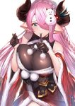  1girl absurdres bare_shoulders black_gloves blue_eyes blush braid breasts closed_mouth draph finger_to_mouth fur_trim gloves granblue_fantasy hair_ornament hair_over_one_eye hairclip half_gloves hands_up highres horns huge_filesize ikusaneko index_finger_raised large_breasts long_hair looking_at_viewer looking_away mistletoe narmaya_(granblue_fantasy) pink_hair pointy_ears pom_pom_(clothes) single_braid smile snowman_hair_ornament solo very_long_hair 