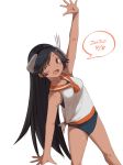  1girl black_hair blue_swimsuit brown_eyes commentary_request cowboy_shot dated headgear highres honmakaina_kudou i-400_(kantai_collection) kantai_collection leaning_to_the_side long_hair looking_at_viewer orange_sailor_collar outstretched_arms sailor_collar sailor_shirt school_swimsuit shirt side-tie_shirt simple_background sleeveless sleeveless_shirt smile solo speech_bubble swimsuit swimsuit_under_clothes tan white_background 