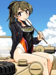  1girl bangs black_ribbon black_shirt black_swimsuit blue_sky brown_eyes brown_hair closed_mouth clouds cloudy_sky collared_shirt commentary competition_swimsuit day emblem english_text eyebrows_visible_through_hair girls_und_panzer hair_ribbon holding japanese_tankery_league_(emblem) long_sleeves looking_at_viewer medallion medium_hair on_vehicle one-piece_swimsuit oosaka_kanagawa open_clothes open_shirt outdoors ponytail ribbon shirt sign sitting sky smile solo swimsuit takashima_remi 