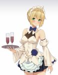  1girl artoria_pendragon_(all) black_skirt blonde_hair blush breasts character_request closed_mouth commission cup detached_sleeves drinking_glass eyebrows_visible_through_hair fate/stay_night fate_(series) green_eyes highres long_sleeves looking_at_viewer maid_headdress medium_breasts ryan_edian saber short_hair skirt smile solo wine_glass 