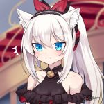  /\/\/\ 1girl animal_ear_fluff animal_ears azur_lane bangs bare_shoulders bell black_footwear black_hairband black_ribbon blue_eyes blurry blurry_background blush breasts cat_ears closed_mouth collarbone covered_collarbone depth_of_field dress eyebrows_visible_through_hair fang fang_out hair_between_eyes hair_ribbon hairband hammann_(azur_lane) jingle_bell nanopai_kakumeikokonoyu ponytail red_ribbon ribbon signature silver_hair sleeveless sleeveless_dress small_breasts solo stairs sweat twitter_username upper_body 