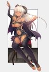  1girl absurdres black_horns black_legwear breasts bridal_gauntlets chair dark_skin demon_girl gold_trim highres indoors large_breasts mahito navel navel_cutout sitting smile solo succubus tan under_boob violet_eyes white_hair white_nails 