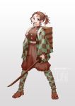  1girl absurdres belt black_pants black_shirt checkered checkered_haori checkered_jacket eyelashes forehead_scar genderswap genderswap_(mtf) hanafuda haori highres holding holding_sword holding_weapon japanese_clothes jewelry kamado_tanjirou katana kimetsu_no_yaiba kokorin looking_at_viewer pants shirt solo sword weapon 