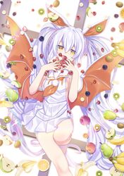  1girl :o animal_ears apple apple_slice banana bangs bare_arms bare_shoulders bird blueberry breasts brown_wings commentary_request eyebrows_visible_through_hair feet_out_of_frame food fruit green_apple hair_between_eyes highres kiwi kiwi_slice knee_up long_hair looking_at_viewer low_wings lying medium_breasts nyori on_back open_mouth orange_neckwear original pleated_skirt raspberry sailor_collar school_uniform serafuku shirt sideboob silver_hair skirt sleeveless sleeveless_shirt solo strawberry twintails very_long_hair white_sailor_collar white_serafuku white_shirt white_skirt wings yellow_eyes 