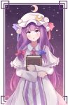  1girl bangs blue_bow book bow commentary crescent crescent_hair_ornament eyebrows_visible_through_hair hair_bow hair_ornament hat hat_ribbon highres holding holding_book long_hair looking_at_viewer mob_cap neck_ribbon parted_lips patchouli_knowledge purple_hair red_bow ribbon shawl solo striped touhou violet_eyes yosshii_(ne_ko_matter) 