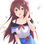  1girl :d adjusting_hair akahi242 blue_skirt blush bra_strap brown_hair cherry_blossoms earrings eyebrows_visible_through_hair flower hair_between_eyes hair_flower hair_ornament jewelry kantai_collection kisaragi_(kantai_collection) long_hair looking_at_viewer off-shoulder_shirt off_shoulder open_mouth petals red_ribbon ribbon seashell_earrings shirt short_sleeves simple_background skirt smile solo upper_body violet_eyes white_background white_shirt 
