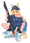  1girl animal_ears baseball_cap bike_shorts black_legwear blue_eyes collarbone eyebrows_visible_through_hair girls_frontline gun hat highres holding holding_gun holding_weapon loose_clothes loose_shirt m500_(girls_frontline) qyuandee3 shirt shoes shotgun shotgun_shells sneakers tail weapon white_background 