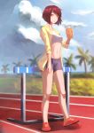  1girl bangs bike_shorts black_shorts bob_cut bottle clouds cloudy_sky full_body highres holding holding_bottle holding_drink hurdle jhc_kai light_smile looking_at_viewer looking_to_the_side midriff navel open_clothes open_shirt orange_eyes original palm_tree parted_bangs red_footwear redhead shirt shoes short_hair shorts sky sports_bra standing track track_and_field tree water_bottle white_sports_bra yellow_shirt 