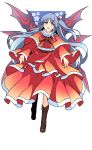  1girl blue_eyes boots dress eyebrows_visible_through_hair hair_bobbles hair_ornament haya_taro_pochi long_hair looking_at_viewer one_side_up open_mouth red_dress ribbon shinki silver_hair simple_background smile solo touhou touhou_(pc-98) wings 