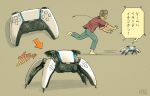  1boy barefoot blue_panties brown_background brown_hair chasing commentary from_side headset highres ka92 original panties playstation_controller red_shirt robot running shirt signature simple_background sony surprised transformation underwear 