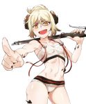  1girl :d absurdres arknights bangs bare_arms bare_shoulders bikini blonde_hair brown_eyes collarbone commentary cowboy_shot groin gun hair_between_eyes hair_bun highres holding holding_gun holding_weapon horns ifrit_(arknights) looking_at_viewer moto_toshi navel open_mouth ore_lesion_(arknights) over_shoulder pointing pointing_at_viewer rifle short_hair simple_background smile solo standing stomach swimsuit thighs weapon weapon_over_shoulder white_background white_bikini 