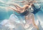  1girl :o air_bubble brown_eyes brown_hair bubble commentary_request dress from_behind hanako151 highres looking_at_viewer looking_back original parted_lips signature solo strapless strapless_dress underwater upper_body water white_dress 