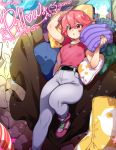  1girl 2020 agawa_ryou arm_up belt borrowed_character breasts commentary dated grey_pants lying on_back original pants parted_lips pillow pillow_(sandcasket) pink_hair red_eyes shoes short_hair signature sneakers solo thick_eyebrows twitter_username 