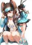  1girl :o amiya_(arknights) animal_ears aqua_choker arknights bare_legs baseball_cap blue_eyes blue_footwear blue_jacket blush breasts brown_hair bunny_girl closed_mouth clothes_writing collarbone dress ears_through_headwear frilled_jacket from_behind hair_between_eyes hat hood hood_down hooded_jacket jacket jewelry long_sleeves looking_at_viewer looking_back multiple_views navel open_clothes open_jacket parted_lips qian_wu_atai rabbit_ears ring sandals simple_background small_breasts squatting standing thighlet two-tone_headwear under_boob wet white_background white_dress 