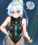  1girl ? bababababan bangs bare_arms bare_shoulders black_leotard breasts commentary ephnel hair_between_eyes holding large_breasts leotard long_hair looking_at_viewer ponytail silver_hair solo soul_worker very_long_hair violet_eyes 