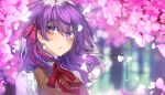  1girl absurdres artist_name bangs breasts cherry_blossoms commentary dress eyebrows_visible_through_hair fate/stay_night fate_(series) hair_ribbon highres kanniepan long_hair matou_sakura open_mouth purple_hair red_ribbon ribbon solo violet_eyes 