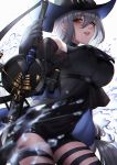  1girl arknights bangs black_gloves breasts commentary_request gloves grey_hair hair_between_eyes hat highres holding holding_weapon kurisustinah long_hair looking_at_viewer parted_lips red_eyes skadi_(arknights) solo very_long_hair weapon 