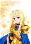  1girl alice_schuberg armor blonde_hair blue_eyes braid commentary_request flower freekenji422 gold_armor hairband highres holding holding_flower long_hair looking_at_viewer orange_flower smile solo sword_art_online very_long_hair white_hairband 