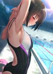  1girl arms_behind_head bangs black_swimsuit breasts brown_hair closed_eyes competition_swimsuit eyebrows_visible_through_hair highres kickboard lens_flare medium_breasts medium_hair multicolored multicolored_clothes multicolored_swimsuit one-piece_swimsuit original outdoors pool poolside rerrere sideboob sidelocks smile solo standing stretch swimsuit tan tanline teeth upper_body 