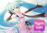  1girl :d annindoufu_(oicon) aqua_eyes aqua_hair argyle armpits arms_up bare_shoulders breasts commentary_request confetti crop_top elbow_gloves frilled_shirt frills gloves goodsmile_racing hair_ribbon hatsune_miku headphones long_hair looking_at_viewer midriff navel open_mouth outstretched_arm racing_miku racing_miku_(2019) ribbon shirt skirt sleeveless sleeveless_shirt small_breasts smile solo stomach twintails upper_body very_long_hair vocaloid white_skirt 