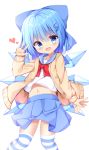  1girl alternate_costume arm_up blue_bow blue_eyes blue_hair blue_sailor_collar blue_skirt bow brown_cardigan cardigan cirno commentary_request cropped_legs eyebrows_visible_through_hair hair_between_eyes hair_bow hair_ornament head_tilt heart highres kuraaken light_blush looking_at_viewer medium_hair midriff navel number open_cardigan open_clothes open_mouth over-kneehighs partial_commentary pleated_skirt red_bow red_neckwear sailor_collar school_uniform serafuku shirt simple_background skirt smile solo striped striped_legwear thigh-highs touhou w white_background white_shirt 