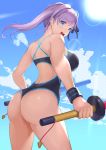  1girl :d ass bangs bare_arms bare_shoulders black_ribbon black_swimsuit blue_eyes blue_sky breasts clouds competition_swimsuit cowboy_shot day dual_wielding eyebrows_visible_through_hair fate/grand_order fate_(series) hair_bun holding large_breasts lens_flare long_hair miyamoto_musashi_(fate/grand_order) miyamoto_musashi_(swimsuit_berserker)_(fate) mokyumokyuchan one-piece_swimsuit open_mouth outdoors purple_hair ribbon sky smile solo sun sweatband swept_bangs swimsuit thighs 