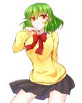  1girl absurdres bangs breasts closed_mouth collar eyebrows_visible_through_hair green_hair grey_skirt hand_on_own_face highres itocoh kazami_yuuka long_sleeves looking_at_viewer red_neckwear shirt short_hair skirt smile solo sweater touhou white_collar yellow_eyes yellow_sweater 