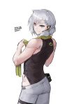  1girl animal_ears bare_arms black_leotard blue_eyes braid bright_pupils contrapposto cowboy_shot doll_joints earphones english_text from_behind girls_frontline grey_hair grey_pants highres ksvk_(girls_frontline) leotard looking_at_viewer looking_back microphone muscle muscular_female pandea_work pants pouch simple_background sleeveless smile solo standing toned towel towel_around_neck white_background 