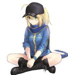  1girl ahoge artoria_pendragon_(all) baseball_cap black_footwear black_headwear black_shorts blonde_hair blue_jacket blue_scarf boots fate/grand_order fate_(series) green_eyes hair_through_headwear hat highres jacket lotus_position mysterious_heroine_x scarf shorts simple_background sitting smile solo track_jacket tsurupy white_background 