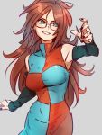  1girl android_21 black-framed_eyewear black_nails blue_eyes breasts checkered checkered_dress detached_sleeves dragon_ball dragon_ball_fighterz dress earrings glasses grey_background hoop_earrings jewelry kemachiku large_breasts long_hair nail_polish redhead simple_background smile solo 