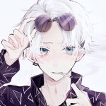  1boy adjusting_eyewear arm_up bangs blue_eyes cigarette eyewear_on_head highres jewelry long_sleeves looking_at_viewer myuhuaki original parted_bangs parted_lips short_hair simple_background single_earring smoking solo sunglasses upper_body white_background white_hair 