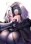  1girl ahoge armor armored_dress bangs black_dress blush breasts cape covering_mouth dress fate/grand_order fate_(series) fur-trimmed_cape fur_trim gauntlets headpiece highres jeanne_d&#039;arc_(alter)_(fate) jeanne_d&#039;arc_(fate)_(all) large_breasts ninoude_(ninoude44) short_hair silver_hair simple_background white_background yellow_eyes 