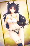  1girl absurdres armband ass_visible_through_thighs bare_shoulders black_hair black_ribbon breasts crown earrings fate/grand_order fate_(series) highres hoop_earrings huge_filesize ishtar ishtar_(fate)_(all) ishtar_(fate/grand_order) jewelry long_hair medium_breasts navel neck_ring red_eyes ribbon single_sleeve single_thighhigh smile solo thigh-highs thigh_gap thighs udon-udon 