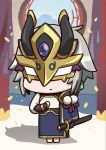  1boy april_fools chibi chinese_armor chinese_clothes fate/grand_order fate_(series) gao_changgong_(fate) highres holding holding_sword holding_weapon horned_mask long_sleeves masked official_art petals riyo_(lyomsnpmp) short_hair silver_hair solo sword weapon 