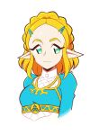  1girl artsy-rc blonde_hair blue_dress braid closed_mouth commentary dress english_commentary forehead green_eyes hair_ornament hairclip highres long_sleeves pointy_ears princess_zelda short_hair signature simple_background slit_pupils smile solo the_legend_of_zelda upper_body white_background 