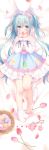  1girl animal_ears bare_shoulders barefoot basket bed_sheet blue_eyes blue_skirt blush bobby_socks bow closed_mouth commentary_request dakimakura easter easter_egg egg flower frilled_skirt frills green_hair hair_bow hands_up heart highres long_hair long_sleeves looking_at_viewer lying no_shoes off-shoulder_shirt off_shoulder on_back original petals pink_bow pink_flower piyodera_mucha puffy_long_sleeves puffy_sleeves rabbit_ears red_flower sample shirt single_sock skirt sleeves_past_wrists smile socks socks_removed solo tulip twintails very_long_hair white_legwear white_shirt 