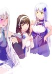  3girls absurdres bangs blue_hair blush bottle breasts brown_hair dress drink drinking elbow_gloves flower girls_frontline gloves green_eyes hair_flower hair_ornament hairband highres hk416_(girls_frontline) kar98k_(girls_frontline) long_hair looking_at_another looking_at_viewer looking_away medium_breasts multiple_girls open_mouth qbz-95_(girls_frontline) red_eyes ren_huozhe silver_hair white_background white_dress yellow_eyes 