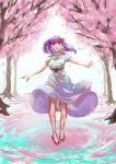  1girl :d black_ribbon cherry_blossoms dress fate/stay_night fate_(series) floating_hair full_body highres long_dress long_hair looking_at_viewer matou_sakura open_mouth outstretched_arms purple_hair rei_no_himo ribbon short_sleeves smile solo sundress tsugu0302 violet_eyes white_background white_dress 