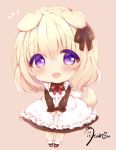  1girl :d animal_ears apron bangs blonde_hair blush bobby_socks bow breasts brown_background brown_bow brown_dress brown_footwear brown_ribbon chibi collared_dress dog_ears dog_girl dog_tail dress eyebrows_visible_through_hair frilled_apron frills full_body hair_between_eyes hair_ribbon hand_up haru_ichigo long_sleeves maid neck_ribbon open_mouth original red_ribbon ribbon shoes signature simple_background small_breasts smile socks solo standing tail tail_raised violet_eyes white_apron white_legwear 