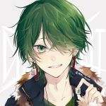  1boy bangs earrings fur_trim green_eyes green_hair grin hair_over_one_eye highres holding jewelry looking_at_viewer myuhuaki original short_hair simple_background smile solo tassel twitter_username upper_body white_background 