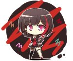  1girl bang_dream! bangs black_background black_choker black_footwear black_hair black_jacket black_shorts blush_stickers bob_cut boots chain_necklace chibi choker collarbone commentary_request drawstring eyebrows_visible_through_hair full_body hand_on_hip hand_up highres hood hood_down hooded_jacket jacket long_sleeves looking_at_viewer mismatched_legwear mitake_ran multicolored_hair off-shoulder_shirt off_shoulder open_clothes open_jacket red_background red_legwear red_shirt redhead shirt short_hair short_shorts shorts sidelocks simple_background single_strap single_thighhigh smile solo standing streaked_hair teen_(teen629) thigh-highs thigh_strap violet_eyes white_background 