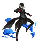  1boy amamiya_ren black_coat black_eyes black_hair black_pants brown_footwear closed_mouth coat dagger full_body gloves highres holding holding_dagger holding_weapon long_sleeves looking_at_viewer male_focus mask official_art pants persona persona_5 red_gloves shiny shiny_hair solo sword_art_online transparent_background weapon 