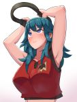  1girl armpits arms_up blue_eyes blue_hair blush boris_(noborhys) breasts byleth_(fire_emblem) byleth_eisner_(female) byleth_eisner_(female) collarbone exercise fire_emblem fire_emblem:_three_houses fire_emblem:_three_houses fire_emblem_16 highres intelligent_systems itou_shizuka jeanne_tirado large_breasts medium_hair nintendo nintendo_ead ring_fit_adventure seiyuu_connection shirt simple_background sleeveless solo sweatdrop upper_body white_background 