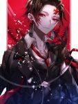  1boy adjusting_clothes adjusting_gloves akasaki_uraba bangs black_gloves brown_hair closed_mouth clothes_on_shoulders earrings gloves jewelry kamado_tanjirou kimetsu_no_yaiba looking_at_viewer necktie red_background red_eyes redhead scar shirt smile solo white_shirt 