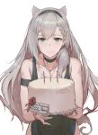  1girl animal_ears bare_shoulders birthday_cake braid cake choker closed_mouth cowboy_shot dress food girls_frontline green_choker green_dress green_eyes grey_hair hairband highres holding_cake ksvk_(girls_frontline) long_hair looking_at_viewer pandea_work simple_background smile solo standing very_long_hair white_background 