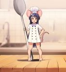  1girl animal_ears barefoot black_hair blush brown_eyes chef_hat full_body hat highres kumaartsu long_hair mouse_ears mouse_tail open_mouth original smile solo standing tail upper_teeth very_long_hair 