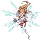  1girl asuna_(sao) breastplate brown_eyes brown_hair cape detached_sleeves floating_hair full_body highres holding holding_sword holding_weapon leg_up long_hair long_sleeves miniskirt official_art open_mouth pleated_skirt red_skirt running shiny shiny_hair skirt solo sword sword_art_online thigh-highs transparent_background v-shaped_eyebrows very_long_hair waist_cape weapon white_cape white_legwear white_sleeves 