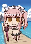  1girl :3 april_fools bangs bikini chibi clouds fate/grand_order fate_(series) highres holding holding_sword holding_weapon long_hair medb_(fate)_(all) medb_(swimsuit_saber)_(fate) navel official_art pier pink_hair riyo_(lyomsnpmp) solo swimsuit sword twintails v water weapon white_bikini yellow_eyes 