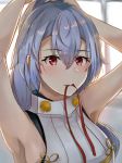  1girl absurdres adjusting_hair armpits arms_behind_head blush breasts eyebrows_visible_through_hair fate/grand_order fate_(series) gotchi_(syhu37) hair_between_eyes highres long_hair looking_at_viewer medium_breasts mouth_hold red_eyes red_ribbon ribbon ribbon_in_mouth silver_hair solo tomoe_gozen_(fate/grand_order) window 