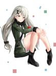  1girl black_footwear boots bow girls_frontline hair_bow hair_ribbon jacket legs long_hair looking_at_viewer mg4_(girls_frontline) military military_uniform minn_(kangjm1107) ribbon scarf silver_hair sitting solo uniform white_background 